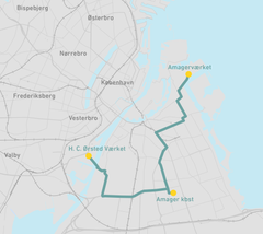 Den grønne linje viser, hvor de to kabelforbindelser skal gå på tværs af Amager.