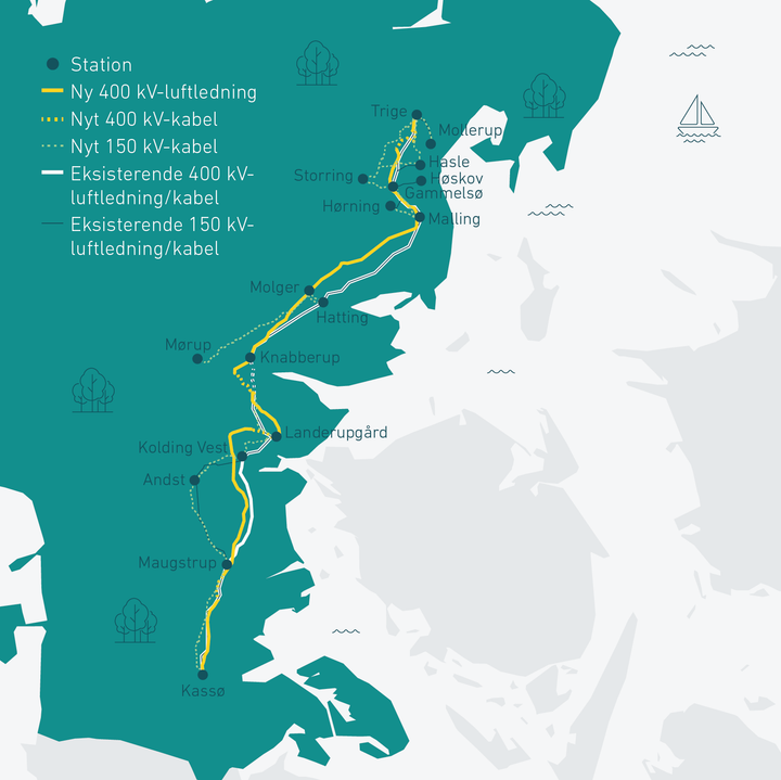 Kort over Nyt elnet Aarhus-Aabneraa