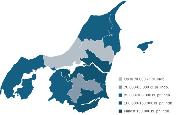 Erhvervslivets samfundsbidrag fordelt på kommuner. Kilde: Danmarks Statistik, Indenrigs- og Sundhedsministeriet og Dansk Industri