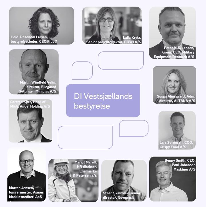 Sådan ser DI Vestsjællands bestyrelse efter generalforsamlingen. DI Vestsjælland dækker kommunerne Slagelse, Kalundborg, Holbæk, Odsherred, Sorø og Ringsted.