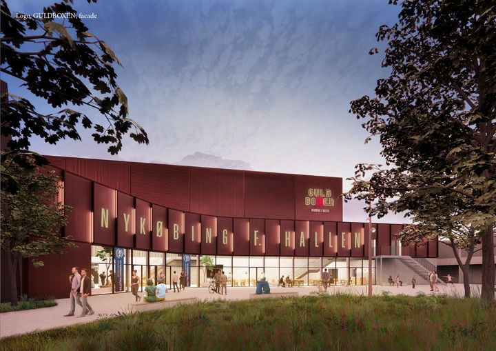 Ved et arrangement i hallen tirsdag eftermiddag, hvor det blev fejret, at bygningen nu står færdig, blev det nye navn afsløret af Ole K. Larsen, formand for Landdistrikter, kultur og fritidsudvalget. Hallen skal hedde: Guldboxen. Illustration Pajor