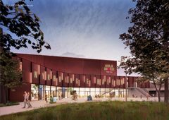 Ved et arrangement i hallen tirsdag eftermiddag, hvor det blev fejret, at bygningen nu står færdig, blev det nye navn afsløret af Ole K. Larsen, formand for Landdistrikter, kultur og fritidsudvalget. Hallen skal hedde: Guldboxen. Illustration Pajor