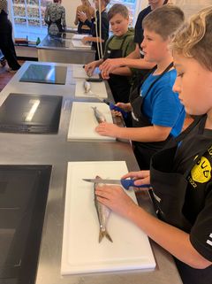 Der fileteres fisk, når elever fra Guldborgsund Kommune er til madundervisningen "Vild med mad" på Sakskøbing Madskole. Foto: Nysted Skole.