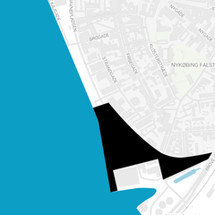 Kort over Nykøbing Falster med et markeret område ved havnen for Lokalplan 223 i Guldborgsund Kommune.