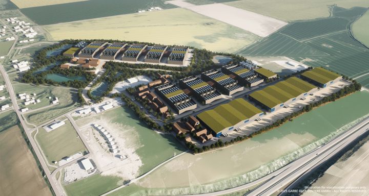 Illustration af Business Park Falster, hvor et stort datacenter er planlagt, omgivet af grønne områder og vejanlæg.