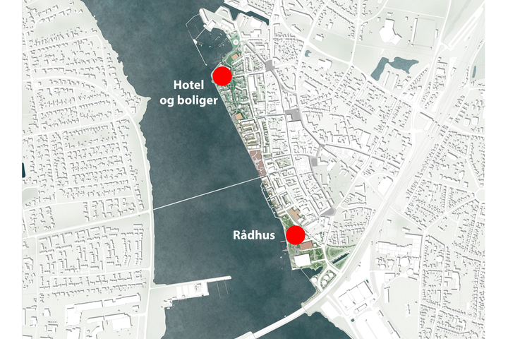 Selskabet Havneudvikling ApS vinder udbud af byggegrunde på havnen i Nykøbing Falster. Billedet viser, hvor grundene ligger. Illustration: Guldborgsund Kommune.