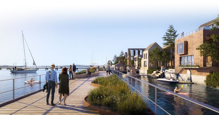 Eksempel på, hvordan boliger ved havnen kan se ud. Illustration: Hlehedsplanen for Havnebyen Guldborgsund.