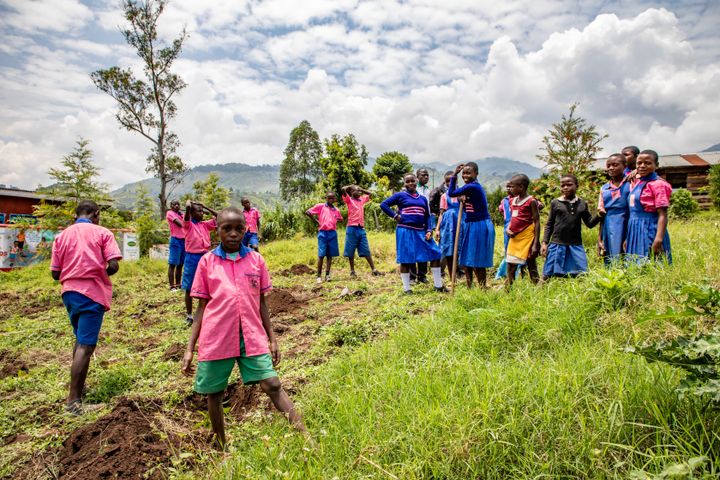 Børn i Uganda planter træer på WWF's grønne skoler. Overskuddet fra dette års U-landskalender går til projektet