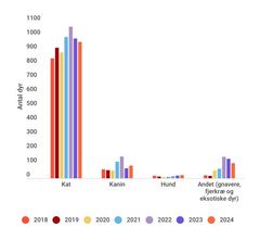 På grafen ses fordelingen af dyrearter som er dumpet fra 2018-2024. Klik her for deltaljeret graf: https://www.dyrenesbeskyttelse.dk/artikler/dyr-dumpes-stadig-i-stor-stil