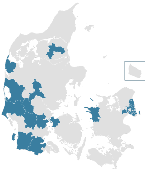 Figuren viser den geografiske fordeling af de 25 kommuner, som er i top 25 i præstationsmålingen.