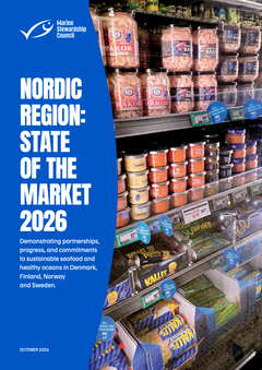 Forside af MSC’s rapport Nordic State of the Market Report 2026 med supermarkedshylder fyldt med fisk og skaldyr med det blå MSC-mærke.