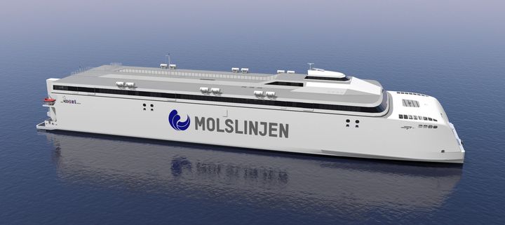 Molslinjens elektriske mega-katamaraner er ved at blive bygget i Tasmanien. Her ses en illustration af de kommende hurtigfærger til Kattegat.