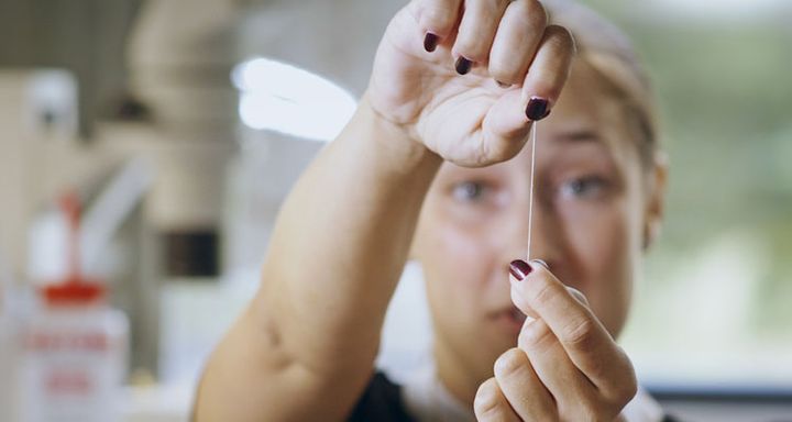 Biofysiker Irina Iachina fra SDU med et stykke superstærk edderkoppesilke fra en hjulspinder.