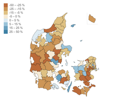 Kortet viser udviklingen fra 2020 til 2025 i cykling som transport til arbejde eller uddannelse hos voksne på +15 år.