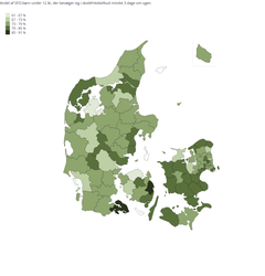Kort over Danmark, der viser andelen af SFO-børn, som bevæger sig mindst tre dage om ugen. Farveskala fra lysegrøn (lav andel) til mørkegrøn (høj andel).