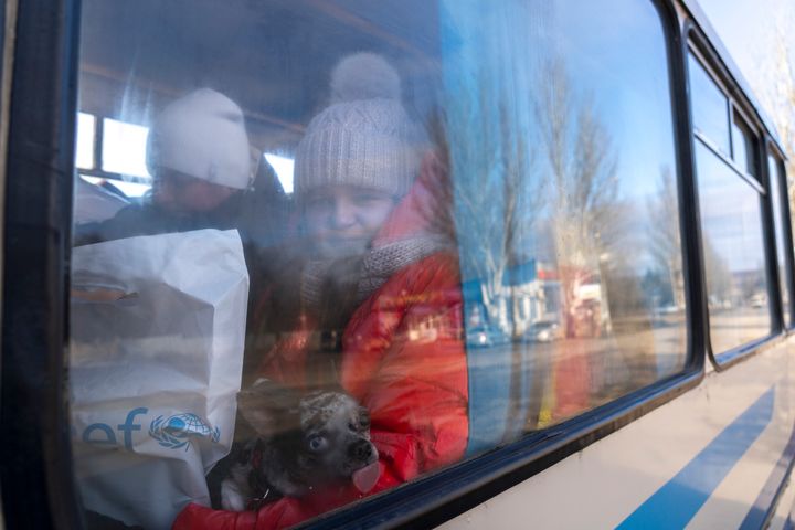 Kira på 11 år sidder med sin hund i en evakueringsbus, der forlader Kramatorsk juleaften 2025 (© UNICEF/UNI942773/Filippov)
