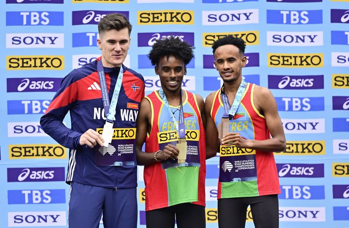 Medaljetagerne til mændenes VM 5 km. Medaljerne blev fordelt efter en intens slutspurt mod målstregen på Øster Allé.