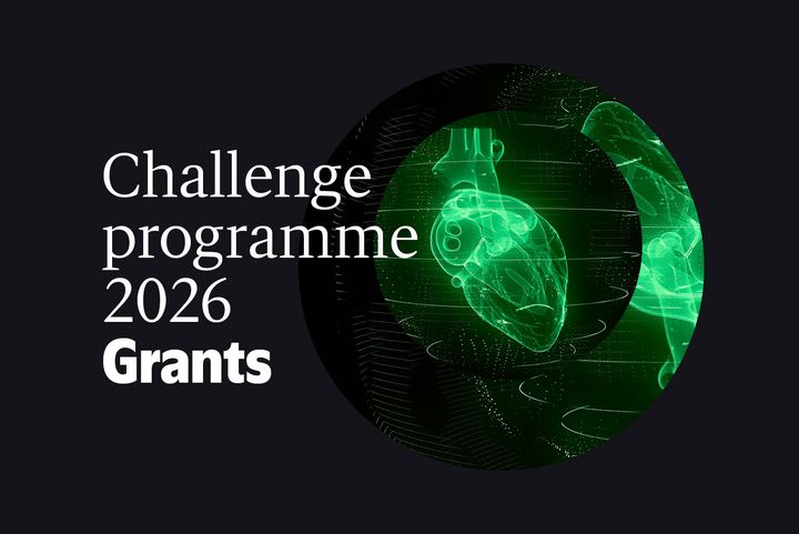 Alt tekst: "Grafik af grønt hjerte med teksten 'Challenge Programme 2026 Grants'."