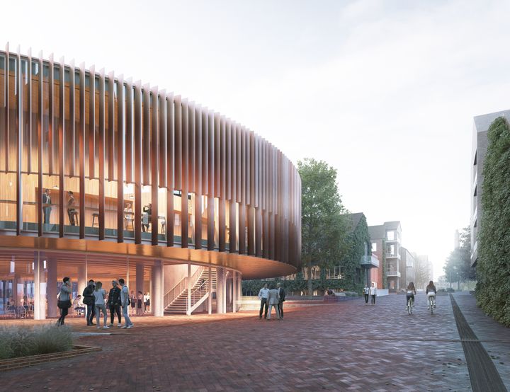 Sådan ser Aarhus Universitets nyeste auditorium ud i en visualisering. Det cirkelrunde auditorium ligger i Universitetsbyen, som er det gamle Kommunehospitals bygninger.