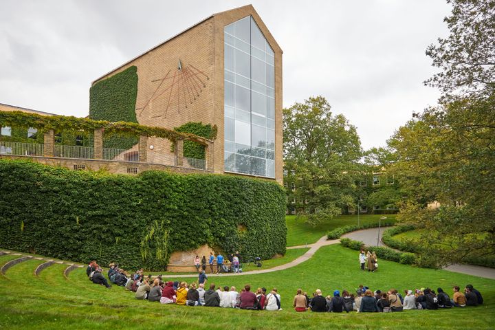 Nye studerende ses i Universitetsparken i Aarhus ved studiestart.