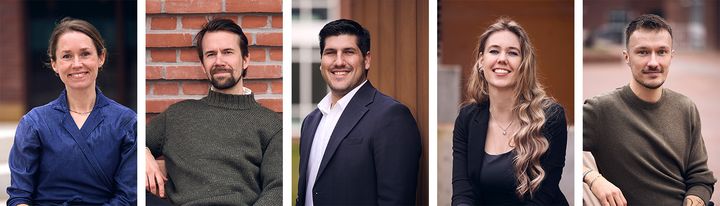 Fem ph.d.'er har gjort sig særlig bemærket og modtager nu Aarhus Universitets Forskningsfonds ph.d.-priser. Fra venstre: Solvej Videbæk Bueno (Health), Aske Lohse Sørensen (NAT), Dionysios D. Neofyfos (TECH), Margrethe Kamille Birkler (Arts) og Lennart Kiel (BSS).