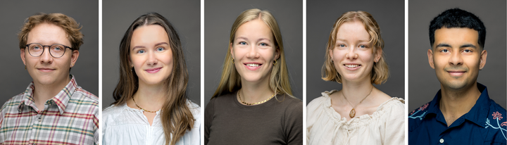 De fem modtagere af Dronning Margrethe II’s rejselegat 2026. Fra venstre: Emil Klitgaard Alslev (Arts), Molly Guldfeldt Madsen (Aarhus BSS), Signe Klitgaard Bitsch (Health), Josephine Samantha Nielsen (NAT) og Phillip Ferreira Baade-Pedersen (Tech).