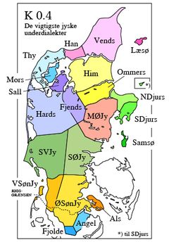 De vigtigste jyske underdialekter, herunder thybomål (Fra Jysk Ordbog, jyskordbog.dk).