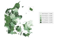 På kortet ses grundpensionens andel (vist i pct.) af folkepensionisternes pensionsindkomst i alle landets kommuner. Kommunerne er her inddelt i fem kategorier, som hver især repræsenterer 20 kommuner. Jo mere mørkegrøn, desto mere fylder grundpensionen.