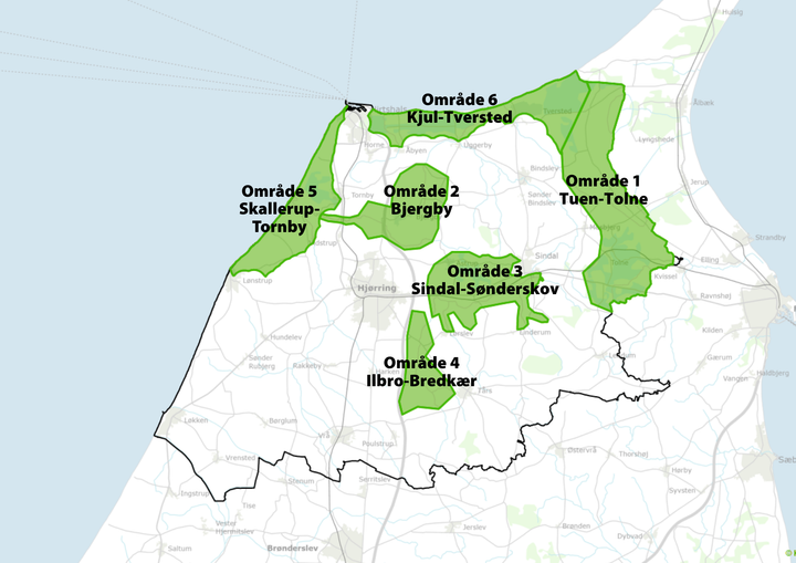 Kortet viser de 6 synergiområder i Hjørring Kommune.