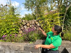 Anna Berthelsen foran et nyt anlagt blomsterbed og en brændestak, som også fungerer som insekthotel