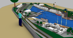 Grafisk overblik over det nye område af Miniland: Københavns Havn med en mere end fire meter lang LEGO® model af Kongeskibet Dannebrog.