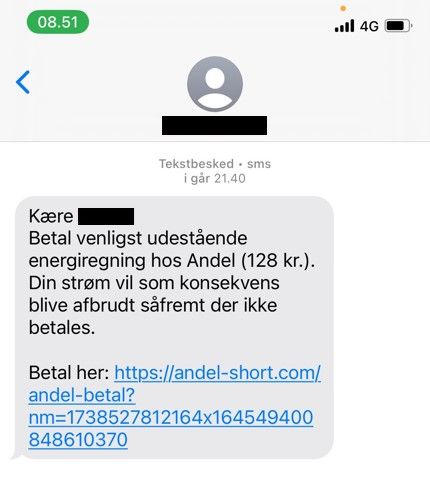 SVINDEL-SMS. Eksempel på aktuel SMS, hvor svindlere udgiver sig for at være fra Andel Energi. Bemærk, at Andel Energi aldrig truer med lukke for forsyningen uden forudgående dialog.