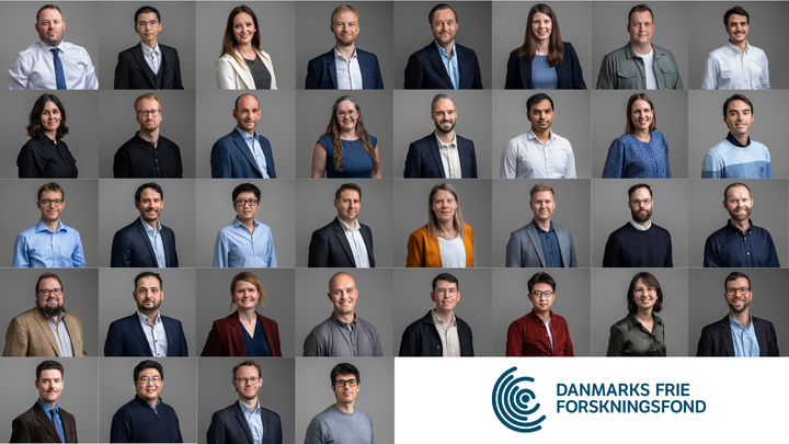 Kollage af portræbilleder af alle 36 modtagere af en Sapere Aude: DFF-Forskningsleder-bevilling i 2025, samt et logo for Danmarks Frie Forskningsfond