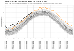 Graf der viser temperaturudviklingen for hele jordens overfladetemperatur. 2024 ligger markant over de andre målinger.