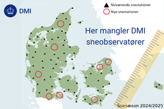 Kort over de områder, hvor DMI  mangler snemålere.