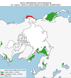 Havisens udbredelse i 1979 sammenlignet med i 2026. Rødt mindre område markerer ny is, mens de grønne områder er der, hvor der lå is engang.