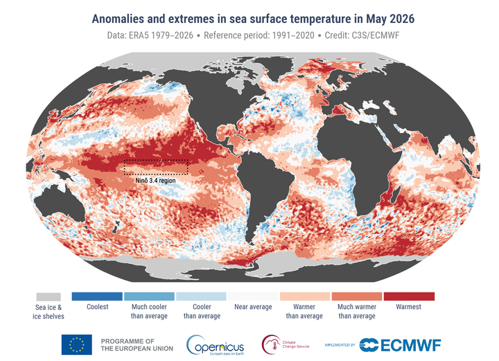 Anomalier og ekstremer I havoverfladetemperaturen for maj 2026. Farvekategorierne viser afvigelse i forhold til 1991–2020 reference periode. Data: ERA5.