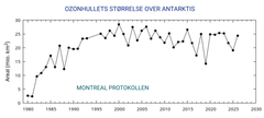 Seneste middelværdi for ozonlaget målt over Kangerlussuaq i Vestgrønland viser en måling, der bekræfter den svagt opadgående tendens. Den sorte linje er tendensen fra 2000 til 2025, mens de årlige middelværdier er plottet ind med sorte punkter
