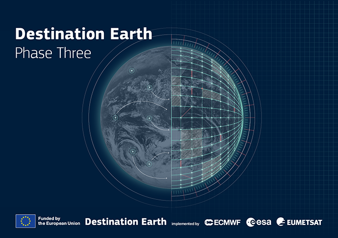 Grafik med Jorden, halvt som satellitfoto og halvt som digitalt gitter, med teksten “Destination Earth – Phase Three”.