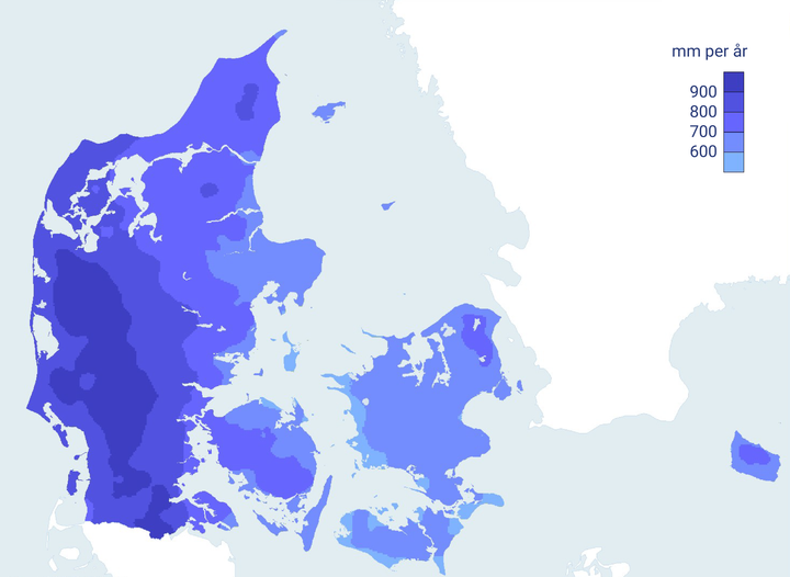 Danmark har et tydeligt regnskel. I dele af Vestjylland falder der årligt mere end 900 mm nedbør, mens dele af Sjælland får under 600 mm. Kortet viser den gennemsnitlige årsnedbør i perioden 1991-2020. Jo mørkere blå, desto mere regn. Grafik: DMI.