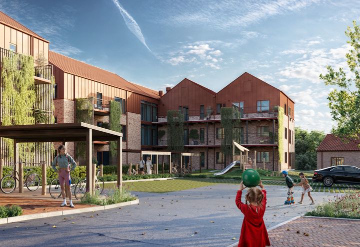 De første boliger i Landskabsbyen i Egedal forventes at stå færdige i andet halvår 2026. Illustration: Make Moves og Vandkunsten.