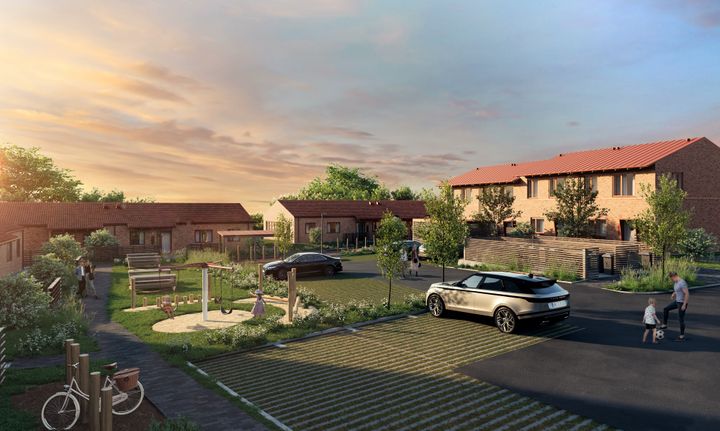 Industriens Pension forventer, at første etape af Landskabsbyen står færdig i sommeren 2027. Illustration: Make Moves og Vandkunsten.