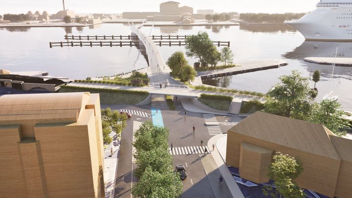 Visualisering af mulig cykelbro mellem Refshaleøen og Langelinie. Foto: Rambøll/Weitling+Dissing