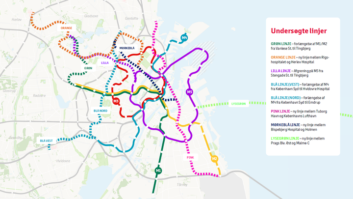 På kortet ses de otte undersøgte metrolinjer. Grafik: Metroselskabet