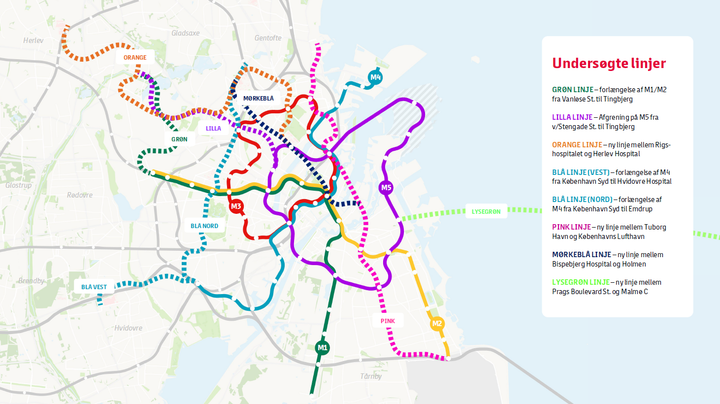 På kortet ses de otte undersøgte metrolinjer. Grafik: Metroselskabet