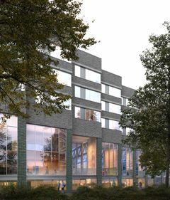 Visualisering af svømmehal og botilbud udefra, udført af Nordic Office of Architecture