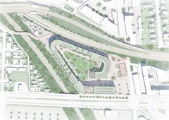 Tegning af ejendommen oppefra med København Syd St. øverst og Ellebjergvej nederst. Tegning: Tegnestuen EFFEKT.