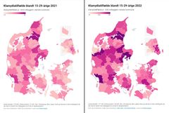 Flest klamydiatilfælde per 1.000 unge i alderen 15-29 år i 2021 versus 2022. Kort: Sex & Samfund.