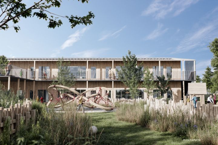 De to nye børnehuse på hver 1.100 kvm. opføres i to etager og hovedsageligt i træ – og med tæt kontakt til udearealerne. Illustrationen viser ikke den endelige og præcise udformning af de to børnehuse, men de grundlæggende principper i byggeriet.