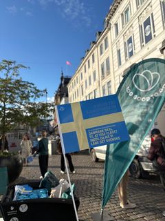 De svenske flag blev delt ud til alle, der ville modtage et. På bagsiden stod den svære kendsgerning, at svenskerne er markant bedre til at redde maden.